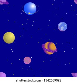 Space, planets and stars in the blue sky. Seamless vector pattern for design, decoration, packaging, fabric, scrubbing.