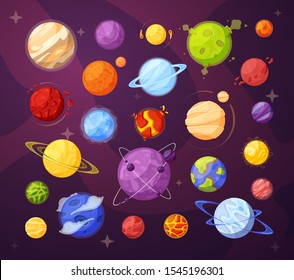 Space planets and stars cartoon vector illustrations set. Sun, Neptune, Jupiter isolated cliparts. Space bodies color pack on purple background. Astronomy, planetary design elements collection