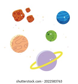 Space planets and stars cartoon vector illustrations set.Space bodies color pack astronomy, planetary design elements collection