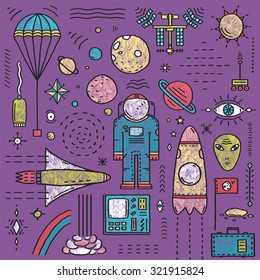 Space Planets Stars Cosmonaut Design Elements Colored Line Art Collection. Cosmic objects designer outline kit in black lines, and colors, hand drawn sketchy flat elements. Vector illustration. 