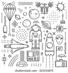 Space Planets Stars Cosmonaut Design Monochrome Elements Line Art Collection. Cosmic objects designer outline kit in black lines, flat elements. Vector illustration. 