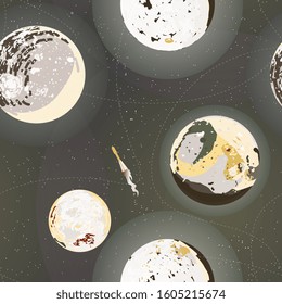 Space planets, stars and interstellar rocket vector illustration. Universe sphere imitation watercolor. Сosmos grey, black colors. EPS 10
