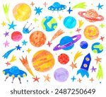 Space, planets and stars, rocket and UFO. Doodle drawing by hand with colored pencils. Drawings with crayon. Cute children