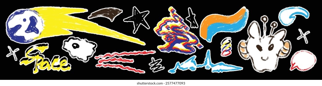 Space, planets and stars, rocket and UFO. Sticker Doodle drawing by hand with colored pencils. Drawings with crayon. Cute children's drawings. Solar system. Colorful hand drawn elements.