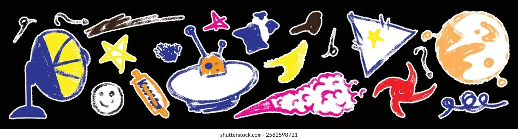 Space, planets and stars, rocket and UFO. Sticker Doodle drawing by hand with colored pencils. Drawings with crayon. Cute children's drawings. Solar system