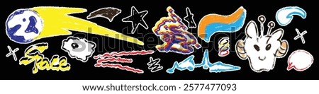 Space, planets and stars, rocket and UFO. Sticker Doodle drawing by hand with colored pencils. Drawings with crayon. Cute children's drawings. Solar system. Colorful hand drawn elements.