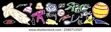 Space, planets and stars, rocket and UFO. Sticker Doodle drawing by hand with colored pencils. Drawings with crayon. Cute children's drawings. Solar system. Colorful hand drawn elements.