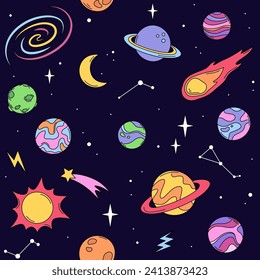 El espacio, los planetas y las estrellas son un patrón impecable, el fondo. Dibujos de dibujos animados, ilustraciones de doodles vectoriales.