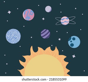 Raum mit Planeten und Sternen, Cartoon-Illustration des Sonnensystems. Kinder Astronomische flache Vektorgrafik