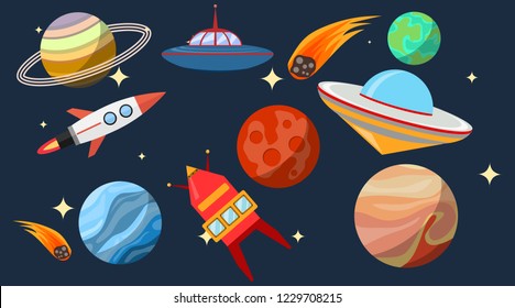 Space, space with planets, stars and spaceships. Space background. Vector.