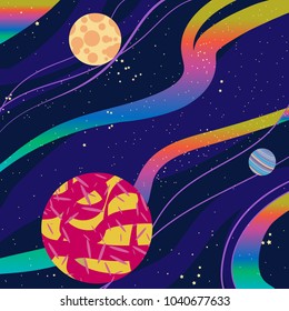 Space with planets, starts and colorful lines, hand drawn vector illustration