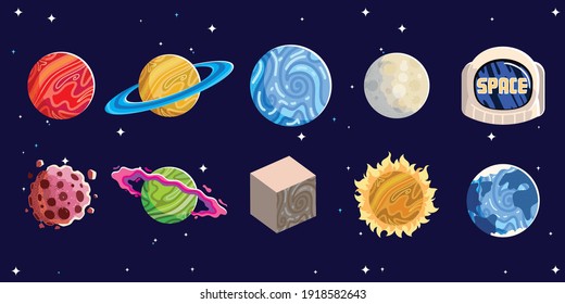 space planets sun moon helmet asteroid astronomy galaxy icons vector illustration
