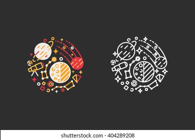 Space, Planets, Universe Logo Template. Vector Illustration Modern Flat And Line Style