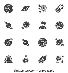 Space planets vector icons set, modern solid symbol collection, filled style pictogram pack. Signs, logo illustration. Set includes icons as earth planet, saturn, spaceship, moon with flag, jupiter