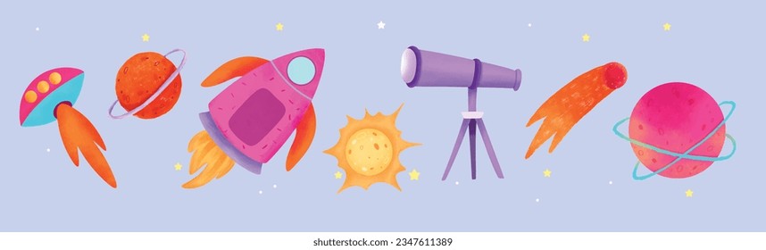 Space and planets, Vector set. Planets, space ships, stars, telescope. colorful cosmic illustrations for  stickers,  banners, print