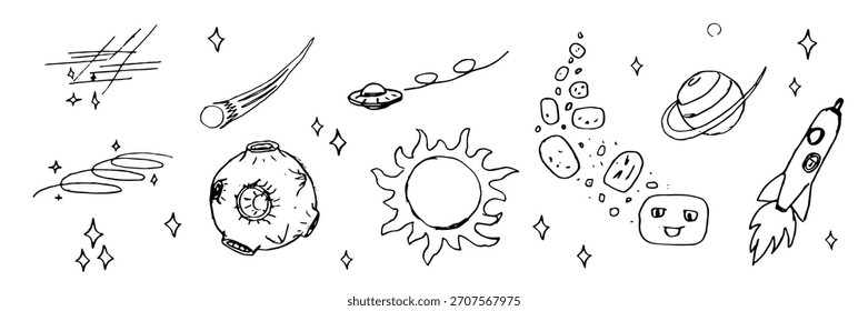 Space and planets vector sketch. Doodle rocket, moon, asteroid and stars illustration, hand drawn sky icons, scribble ufo isolated