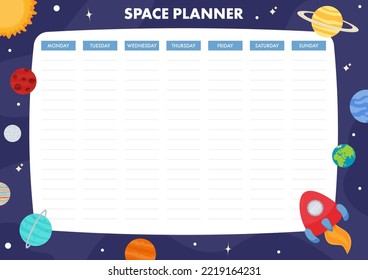 Space planner. Weekly planner with a space theme in a cartoon style. Template for the design of a children s schedule