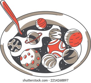 Space plate with dry ready-made children's breakfast. spoon floats in milk with planets