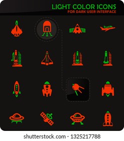 Space platform easy color vector icons on dark background for user interface design