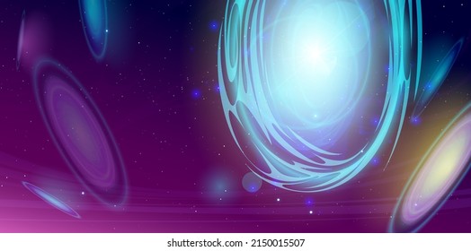 Space portals in Universe, galaxy wormhole or blackhole funnels for travel through time with million stars and nebulae around. Science fiction vortex hyperspace tunnels, Cartoon vector illustration