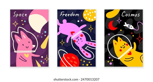 Space postcard template with cute astronauts. Vector illustration with little fox, kitten and rabbit