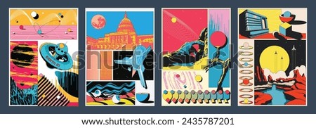 Space Poster 1980s Colors, Orbital Station, Space Rocket, Extraterrestrial Landscapes, Capitol, 3D Effect Abstract Dimensions 