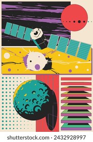 Space Poster, Abstract Background. Solar Panels Space Probe, Asteroid, Sky, Geometric Shapes 