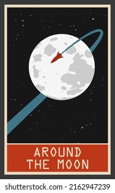 Space poster Around the Moon. Stylized under the Old Soviet Space Propaganda