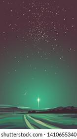 Space poster background with launched spacecraft in the sky above countryside, natural landscape