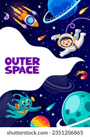 Space poster with cartoon alien, rocket and kid astronaut between space planets, vector background. Galaxy adventure and outer space exploration, kid spaceman and rocketship or spacecraft on planet