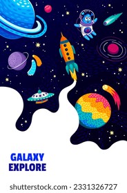 Afiche espacial. Dibujo alienígena, OVNI, nave espacial y planetas espaciales con estrellas galaxiales de fondo vectorial. Caracter de explorador de galaxias en el espacio y el casco, ciencia astronómica y viajes cosmos