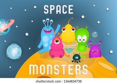 Space Poster - Cartoon Aliens and Galaxy Monsters on Moon. Travel Concept. Vector Illustration.
