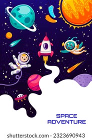 Afiche espacial, astronauta de dibujos animados, planetas alienígenas de naves espaciales y planetas espaciales, fondo mundial de la galaxia vectorial. Espacios infantiles con alienígenas y cohetes en planetas y asteroides galácticos para aventura espacial