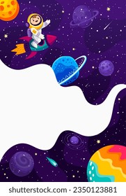 Space poster cartoon astronaut on rocket and starry galaxy landscape. Vector background with funny kid cosmonaut flying on starship explore outer cosmos with planets, asteroids, and empty smoke frame