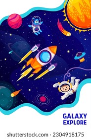 Space poster. Cartoon kid astronaut, alien and flying rocket in galaxy. Universe exploration vector poster with spaceship and UFO saucer, alien astronaut cute personage, galaxy planet, star and comet