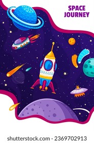 Space poster. Cartoon spaceships flying in starry galaxy space with planets, comets and stars. Vector rocket, shuttle, alien UFO and starship on dark sky background of galaxy universe, cosmic journey