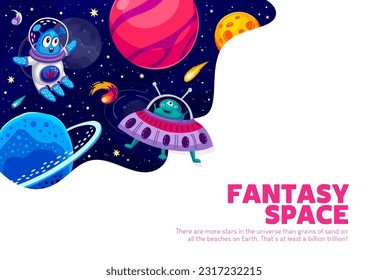 Afiche espacial, caricatura de platillo y ajeno en galaxia estrellada. Ciencia de la astronomía y viajes por galaxia, afiche de descubrimiento de cosmos vectores con graciosos personajes astronautas alienígenas volando en platillos de OVNI y planetas