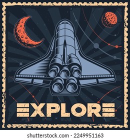 Space poster with cosmic shuttle in vintage style. This design can also be used as a t-shirt print.