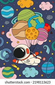 space poster with cute astronaut flying on the planets