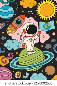 space poster with cute astronaut on the planet