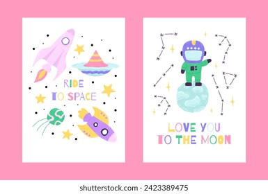 Space poster with cute characters in the cartoon hand drawn style with quote letternig. Vector illustration