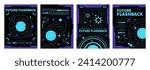 Space poster design template in trendy y2k style with acid grid pattern and planet sticker in neon blue color on black background. Vector set of 2000s aesthetic banners with alien world and twinkles.