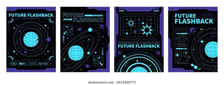 Space poster design template in trendy y2k style with acid grid pattern and planet sticker in neon blue color on black background. Vector set of 2000s aesthetic banners with alien world and twinkles.