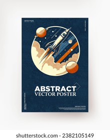 Un afiche espacial con un cohete volador sobre un fondo de estrellas.