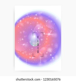 Space poster. Holographic gradients. 3d magic dreamer unicorn sparkles. Solar, Futuristic science banner with planet, sun, deep fluid light. Space poster with galaxy universe shapes and stars.