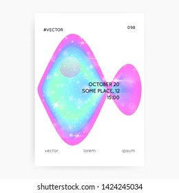 Space poster. Holographic gradients. Neon, Modern science template with planet, sun, deep fluid light. 3d magic dreamer unicorn sparkles. Space poster with galaxy universe shapes and stars.