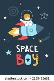 Space poster with little astronaut flying on the rocket and lettering. Cute cosmic print with baby boy on the spaceship.