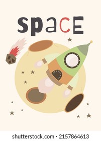 Space Poster for nursery design. Rocket ship on background of the Moon. Vector Illustration. Kids illustration for baby clothes, greeting card, wrapper. Text Space.