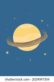 Space poster. Planet with rings saturn in cosmos. Stars. Flat minimal style. Dark background