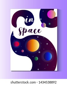 Space poster with planets and stars for invitation cards, banner, placard, mobile app. Vertical orientation. Vector galaxy illustration in futuristic style.